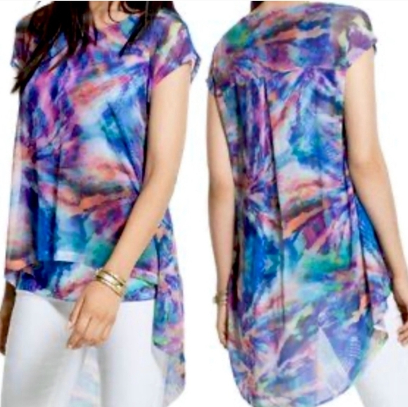 CHICO’s Watercolor Scoop Neck Tank With Mesh Overlay High Low Hem - Picture 1 of 1